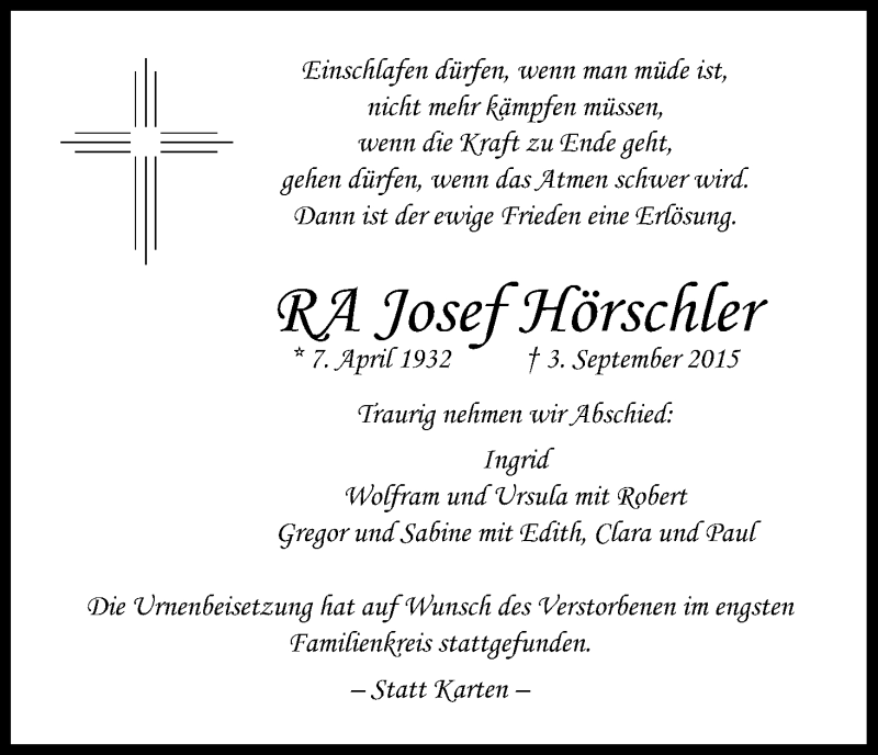 Traueranzeige für Josef Hörschler vom 24.09.2015 aus Kölner Stadt-Anzeiger / Kölnische Rundschau / Express