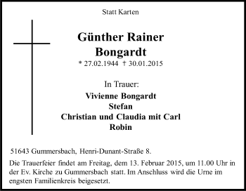 Anzeige von Günther Rainer Bongardt von Kölner Stadt-Anzeiger / Kölnische Rundschau / Express
