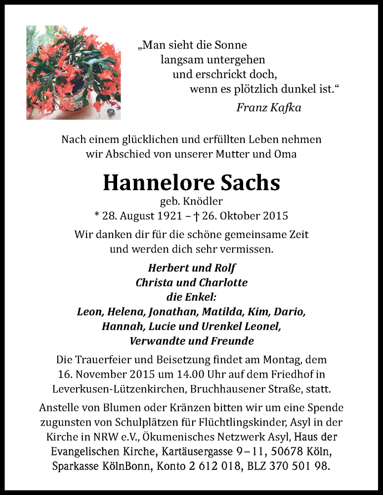  Traueranzeige für Hannelore Sachs vom 11.11.2015 aus Kölner Stadt-Anzeiger / Kölnische Rundschau / Express