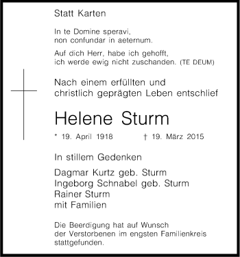 Anzeige von Helene Sturm von Kölner Stadt-Anzeiger / Kölnische Rundschau / Express