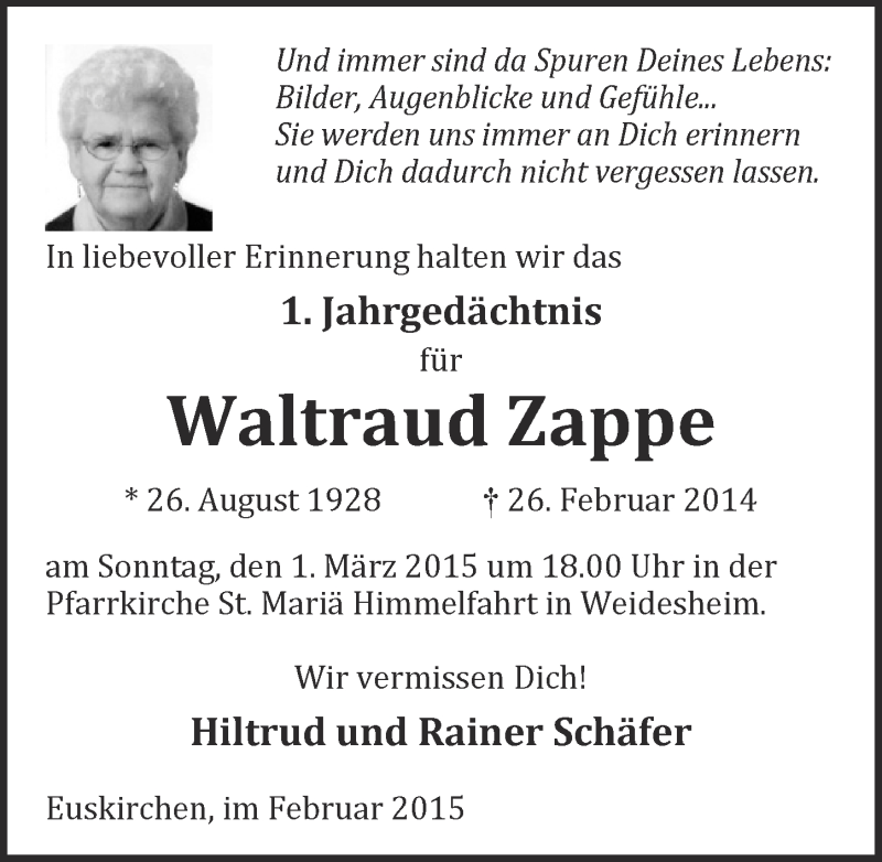  Traueranzeige für Waltraud Zappe vom 22.02.2015 aus  Blickpunkt Euskirchen 