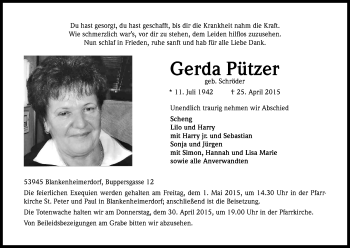 Anzeige von Gerda Pützer von Kölner Stadt-Anzeiger / Kölnische Rundschau / Express