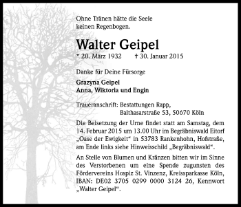 Anzeige von Walter Geipel von Kölner Stadt-Anzeiger / Kölnische Rundschau / Express