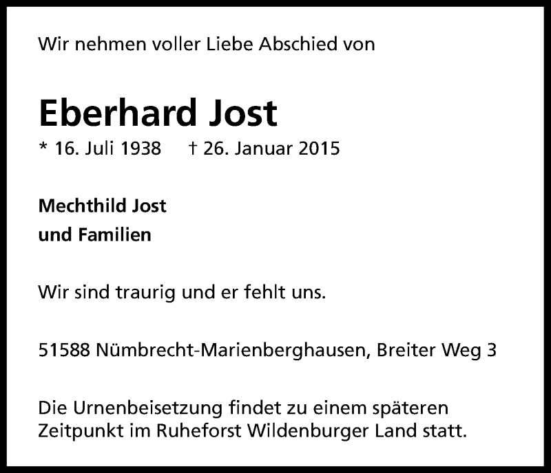  Traueranzeige für Eberhard Jost vom 31.01.2015 aus Kölner Stadt-Anzeiger / Kölnische Rundschau / Express