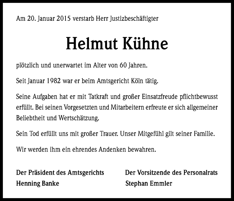  Traueranzeige für Helmut Kühne vom 24.01.2015 aus Kölner Stadt-Anzeiger / Kölnische Rundschau / Express
