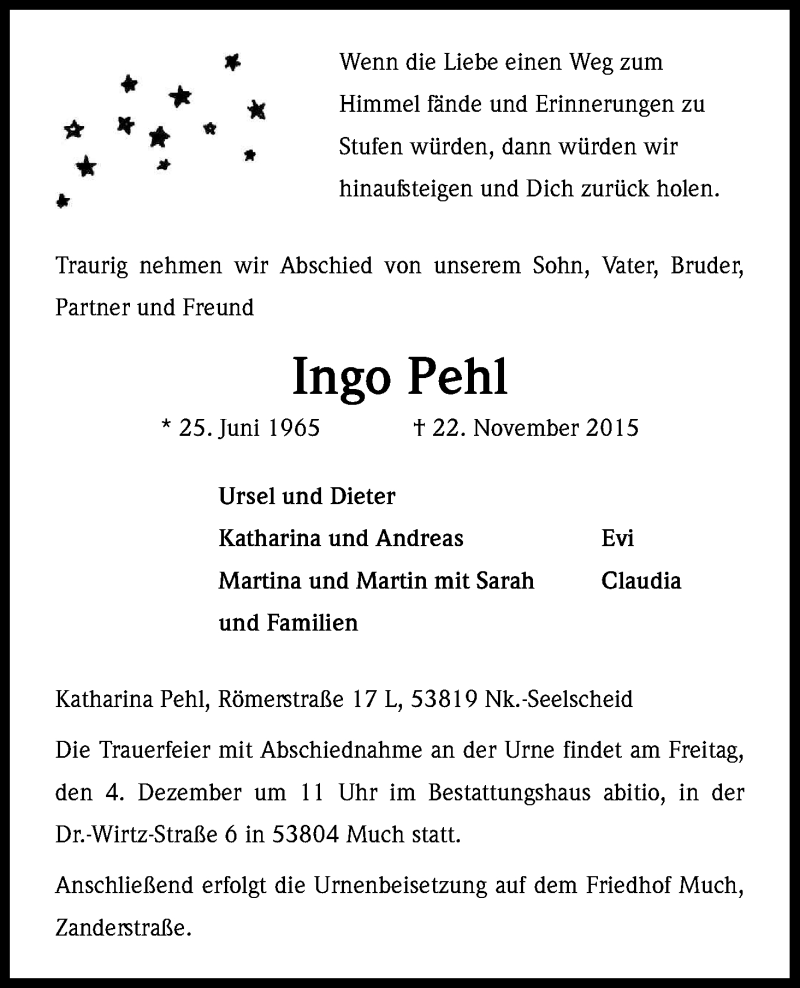  Traueranzeige für Ingo Pehl vom 28.11.2015 aus Kölner Stadt-Anzeiger / Kölnische Rundschau / Express