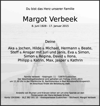 Anzeige von Margot Verbeek von Kölner Stadt-Anzeiger / Kölnische Rundschau / Express