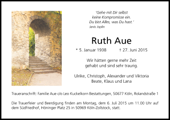 Anzeige von Ruth Aue von Kölner Stadt-Anzeiger / Kölnische Rundschau / Express