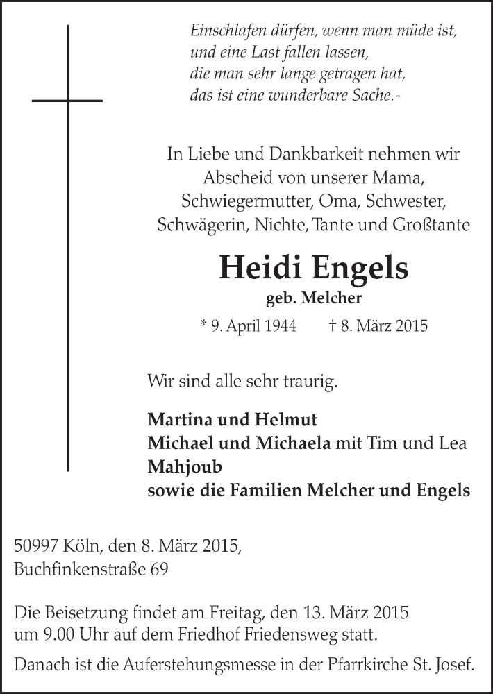  Traueranzeige für Heidi Engels vom 11.03.2015 aus  Kölner Wochenspiegel  Schlossbote/Werbekurier 