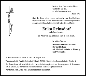 Anzeige von Erika Reinsdorf von Kölner Stadt-Anzeiger / Kölnische Rundschau / Express