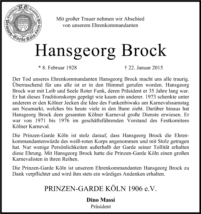 Traueranzeige für Hansgeorg Brock vom 03.02.2015 aus Kölner Stadt-Anzeiger / Kölnische Rundschau / Express