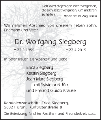 Anzeige von Wolfgang Siegberg von  Schlossbote/Werbekurier 
