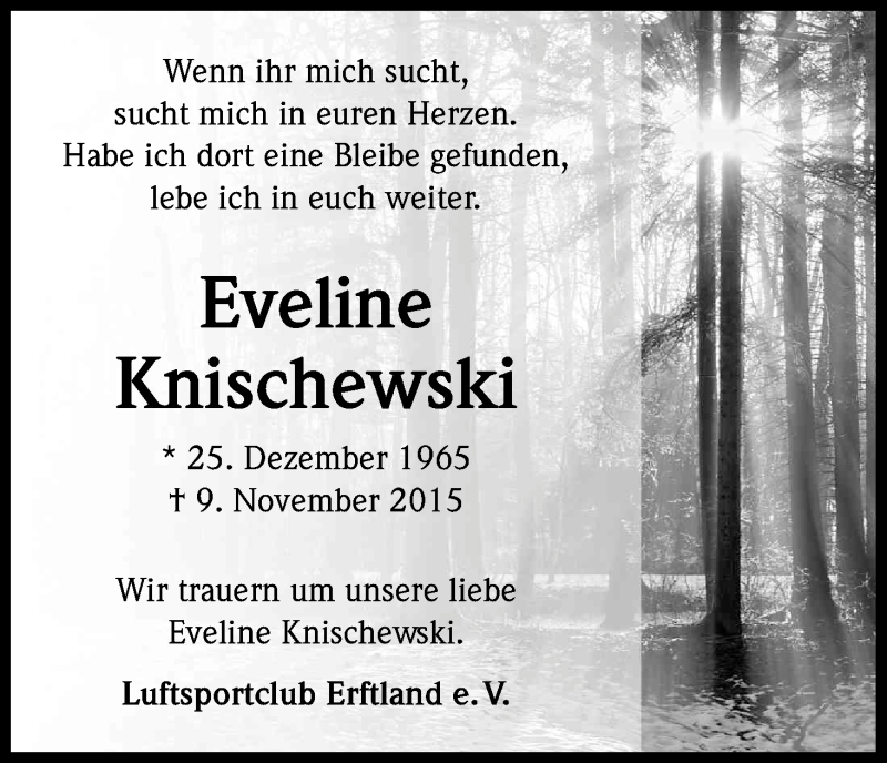  Traueranzeige für Eveline Knischewski vom 24.11.2015 aus Kölner Stadt-Anzeiger / Kölnische Rundschau / Express