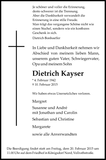 Anzeige von Dietrich Kayser von Kölner Stadt-Anzeiger / Kölnische Rundschau / Express