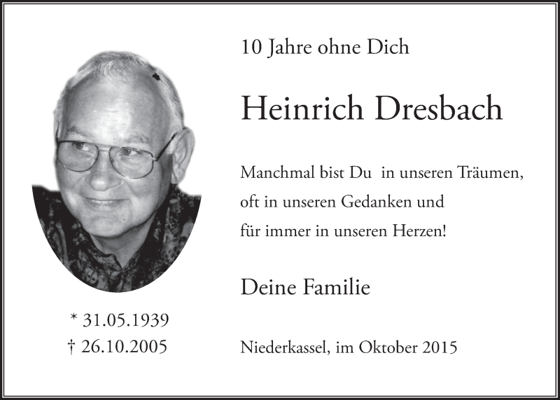  Traueranzeige für Heinrich Dresbach vom 21.10.2015 aus  Extra Blatt 