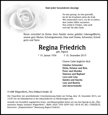 Anzeige von Regina Friedrich von Kölner Stadt-Anzeiger / Kölnische Rundschau / Express