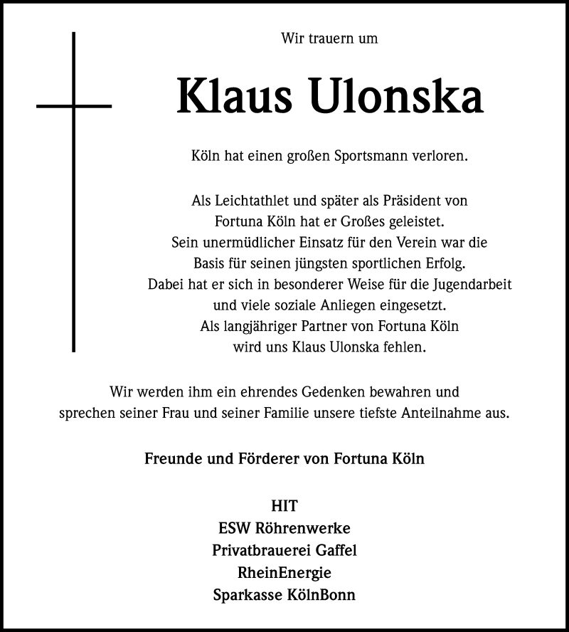  Traueranzeige für Klaus Ulonska vom 19.03.2015 aus Kölner Stadt-Anzeiger / Kölnische Rundschau / Express