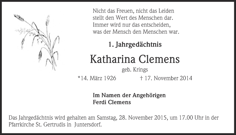  Traueranzeige für Katharina Clemens vom 22.11.2015 aus  Blickpunkt Euskirchen 