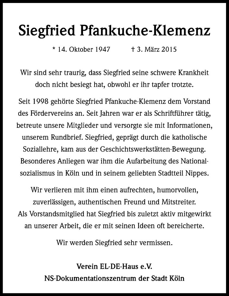  Traueranzeige für Siegfried Pfankuche-Klemenz vom 06.03.2015 aus Kölner Stadt-Anzeiger / Kölnische Rundschau / Express