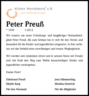 Anzeige von Peter Preuß von Kölner Stadt-Anzeiger / Kölnische Rundschau / Express