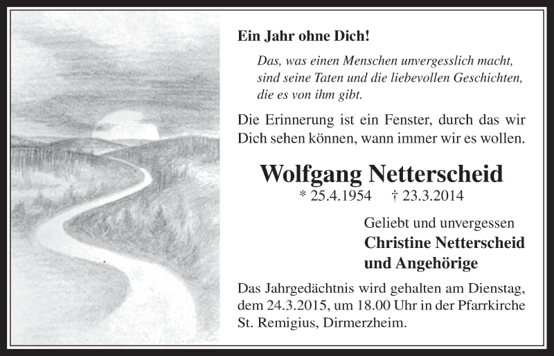  Traueranzeige für Wolfgang Netterscheid vom 18.03.2015 aus  Werbepost 
