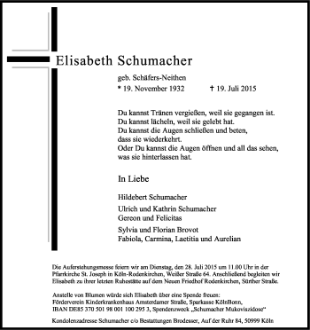 Anzeige von Elisabeth Schumacher von Kölner Stadt-Anzeiger / Kölnische Rundschau / Express