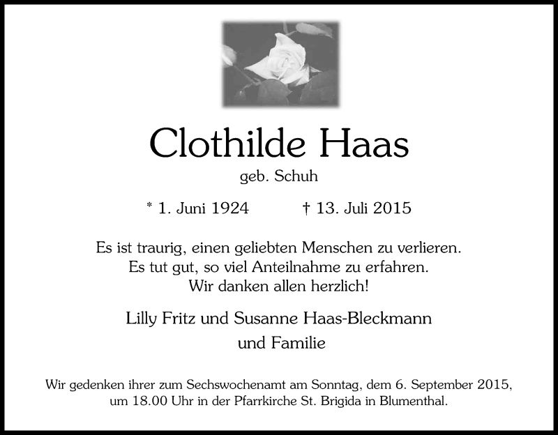  Traueranzeige für Clothilde Haas vom 29.08.2015 aus Kölner Stadt-Anzeiger / Kölnische Rundschau / Express
