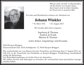 Anzeige von Johann Winkler von  Sonntags-Post 