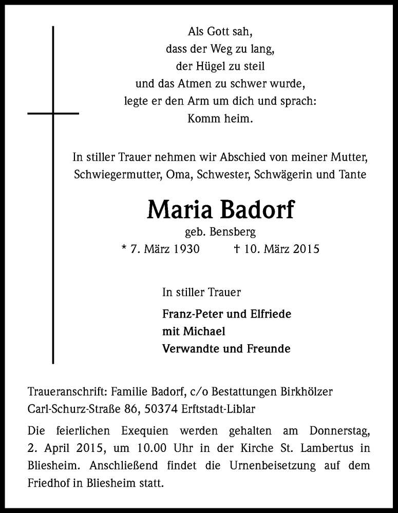  Traueranzeige für Maria Badorf vom 30.03.2015 aus Kölner Stadt-Anzeiger / Kölnische Rundschau / Express