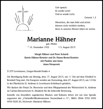 Anzeige von Marianne Hähner von Kölner Stadt-Anzeiger / Kölnische Rundschau / Express