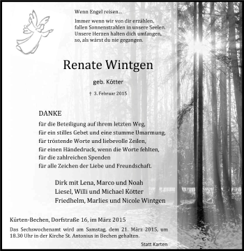 Anzeige von Renate Wintgen von Kölner Stadt-Anzeiger / Kölnische Rundschau / Express