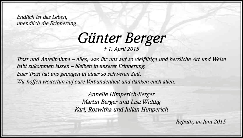  Traueranzeige für Günter Berger vom 03.06.2015 aus Kölner Stadt-Anzeiger / Kölnische Rundschau / Express