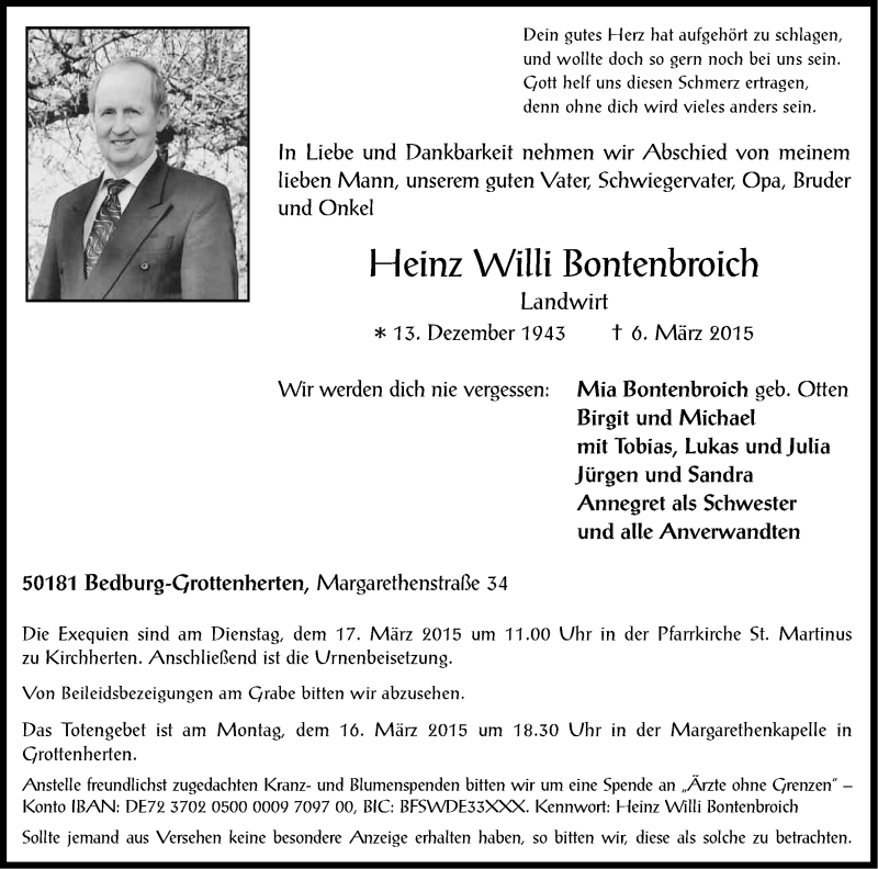 Traueranzeige für Heinz Willi Bontenbroich vom 12.03.2015 aus Kölner Stadt-Anzeiger / Kölnische Rundschau / Express