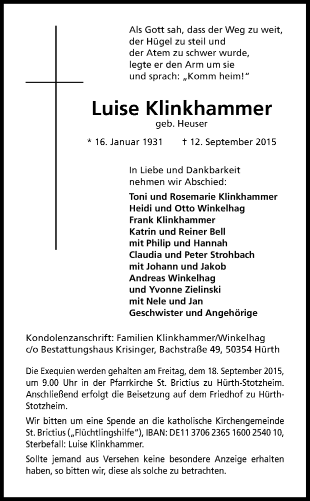  Traueranzeige für Luise Klinkhammer vom 16.09.2015 aus Kölner Stadt-Anzeiger / Kölnische Rundschau / Express