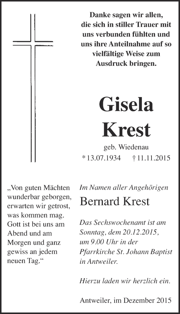  Traueranzeige für Gisela Krest vom 13.12.2015 aus  Blickpunkt Euskirchen 