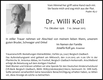 Anzeige von Willi Koll von Kölner Stadt-Anzeiger / Kölnische Rundschau / Express