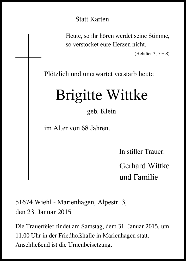  Traueranzeige für Brigitte Wittke vom 28.01.2015 aus Kölner Stadt-Anzeiger / Kölnische Rundschau / Express