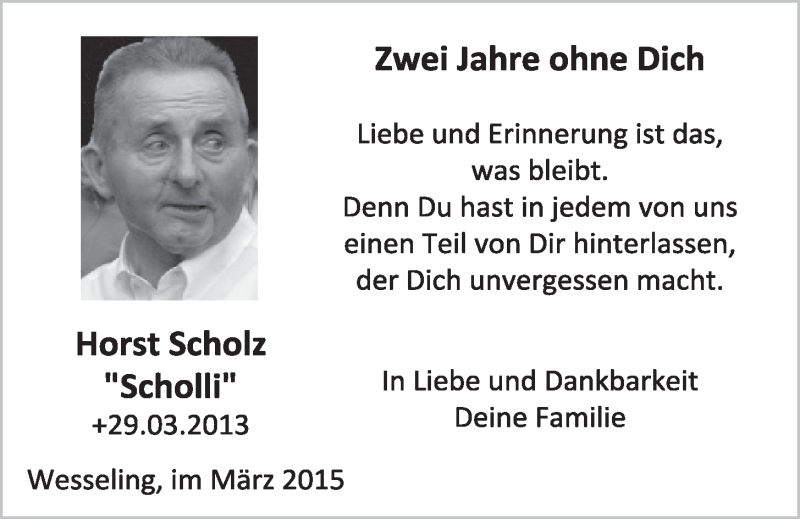  Traueranzeige für Horst Scholz vom 25.03.2015 aus  Schlossbote/Werbekurier 