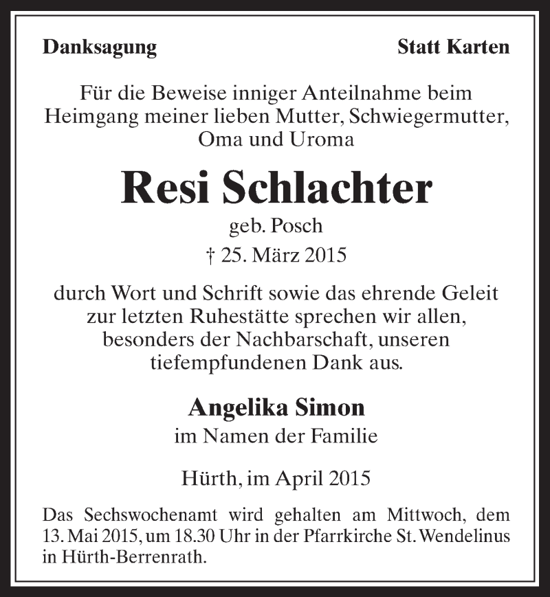  Traueranzeige für Resi Schlachter vom 22.04.2015 aus  Wochenende 