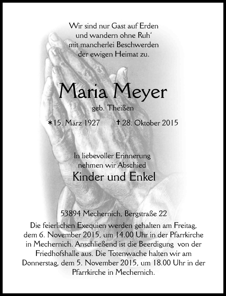  Traueranzeige für Maria Meyer vom 01.11.2015 aus  Blickpunkt Euskirchen 