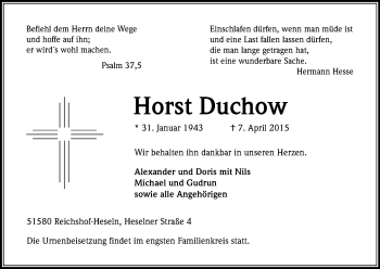 Anzeige von Horst Duchow von Kölner Stadt-Anzeiger / Kölnische Rundschau / Express