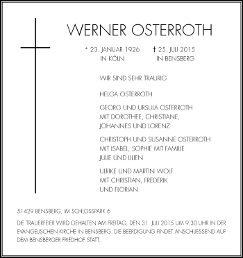 Anzeige von Werner Osterroth von Kölner Stadt-Anzeiger / Kölnische Rundschau / Express