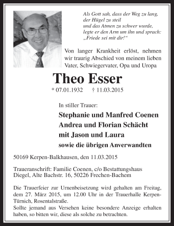 Anzeige von Theo Esser von  Werbepost 