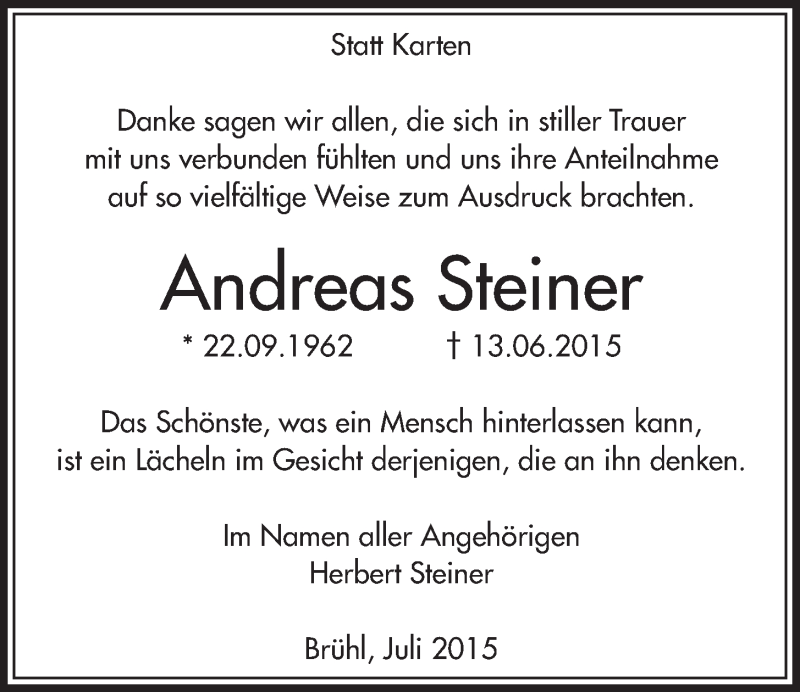  Traueranzeige für Andreas Steiner vom 15.07.2015 aus  Schlossbote/Werbekurier 