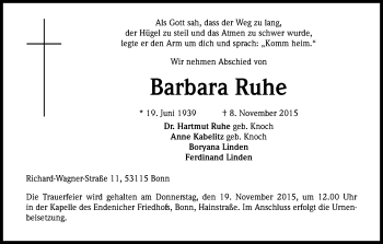 Anzeige von Barbara Ruhe von Köln - Wir Trauern