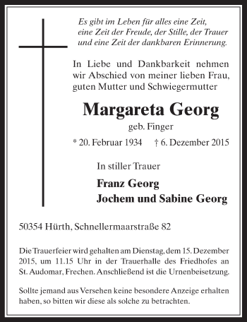 Anzeige von Margareta Georg von  Wochenende 