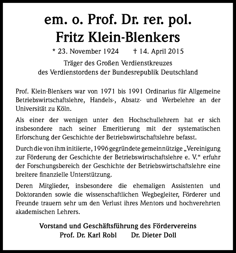  Traueranzeige für Fritz Klein-Blenkers vom 21.04.2015 aus Kölner Stadt-Anzeiger / Kölnische Rundschau / Express