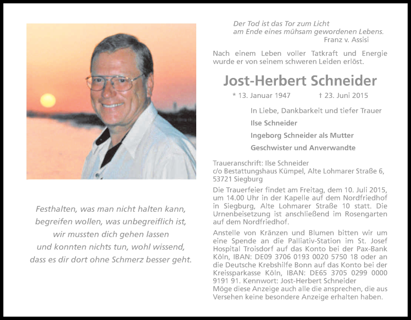  Traueranzeige für Jost-Herbert Schneider vom 27.06.2015 aus Kölner Stadt-Anzeiger / Kölnische Rundschau / Express