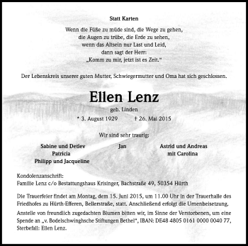 Anzeige von Ellen Lenz von Kölner Stadt-Anzeiger / Kölnische Rundschau / Express