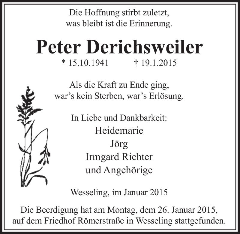  Traueranzeige für Peter Derichsweiler vom 28.01.2015 aus  Schlossbote/Werbekurier 